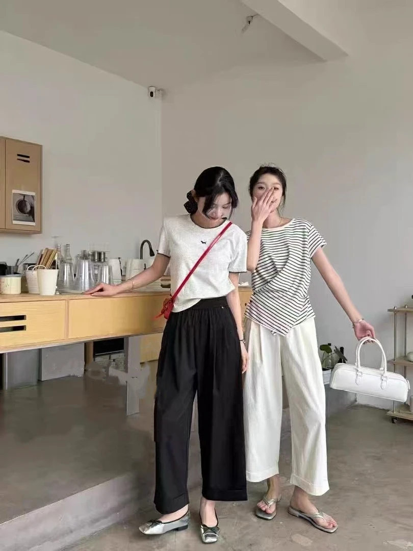 松紧腰速干棉直筒卷边九分休闲裤