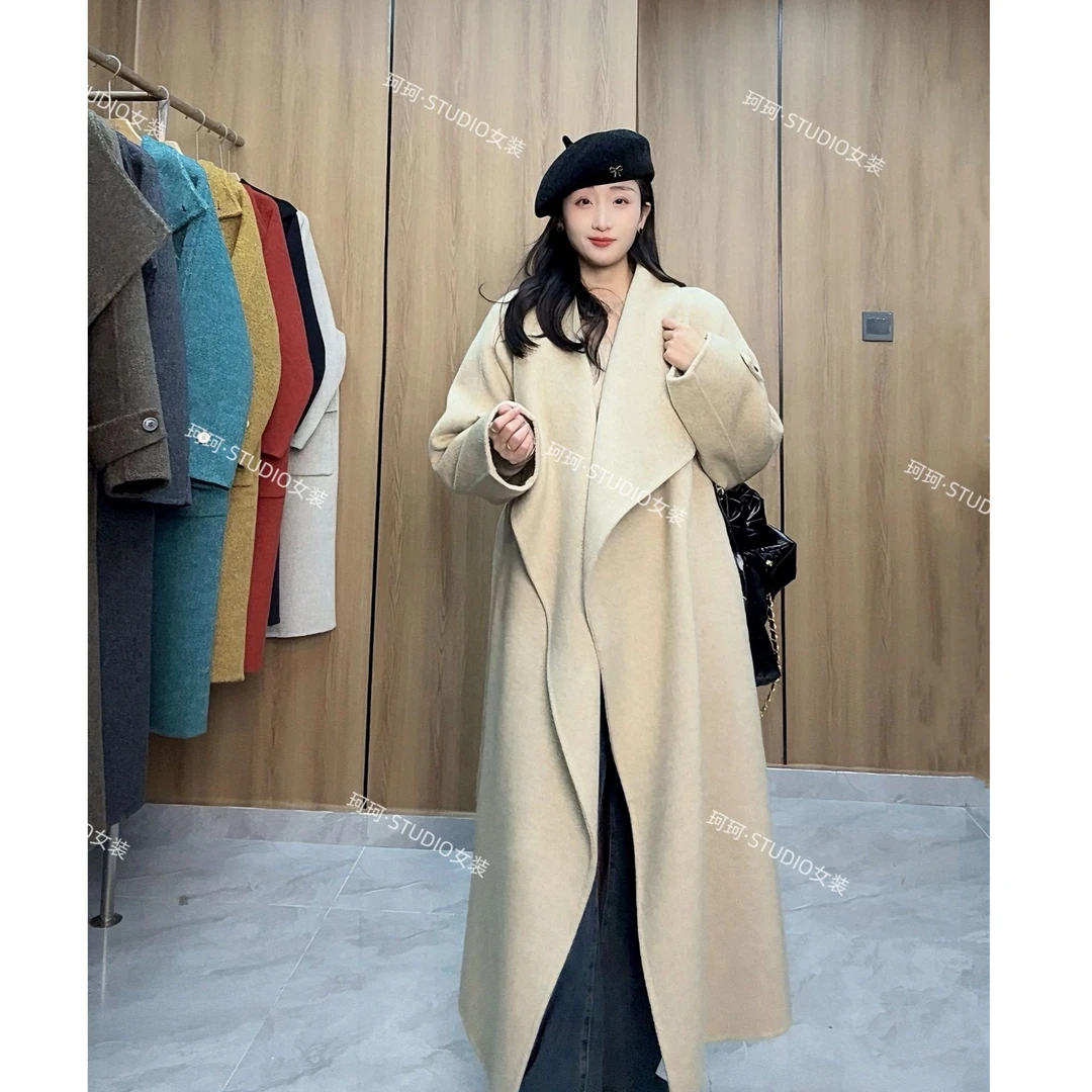 【珂珂】宽松显瘦气质大翻领冬季秋冬长款双面全羊毛大衣外套8672