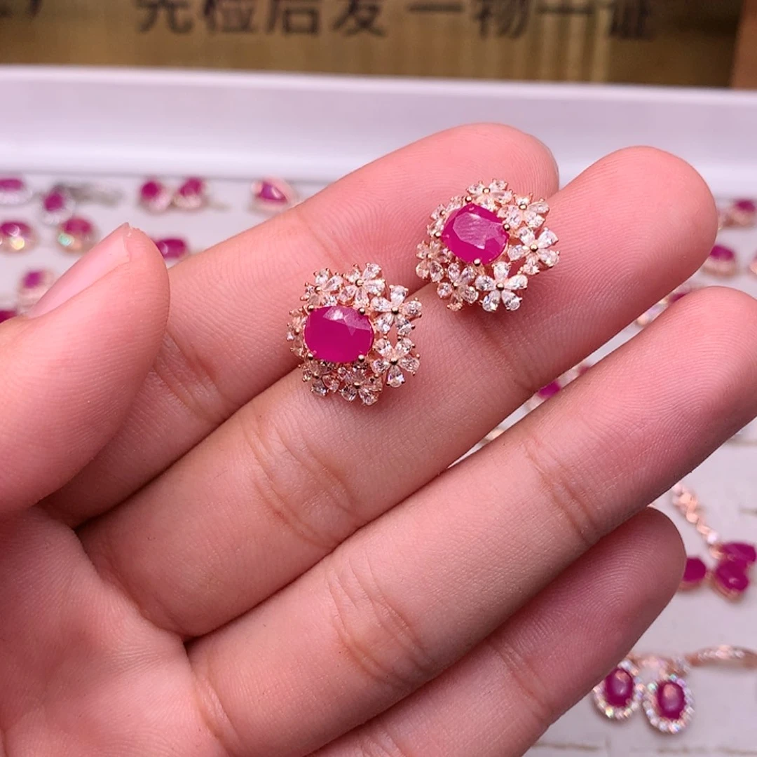 红宝石耳饰银S925镶嵌