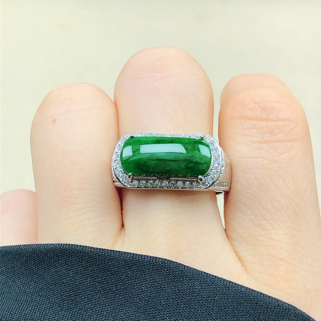 是天然a货翡翠珠宝玉石活口辣绿方形马鞍戒面戒指戒圈指环男款z