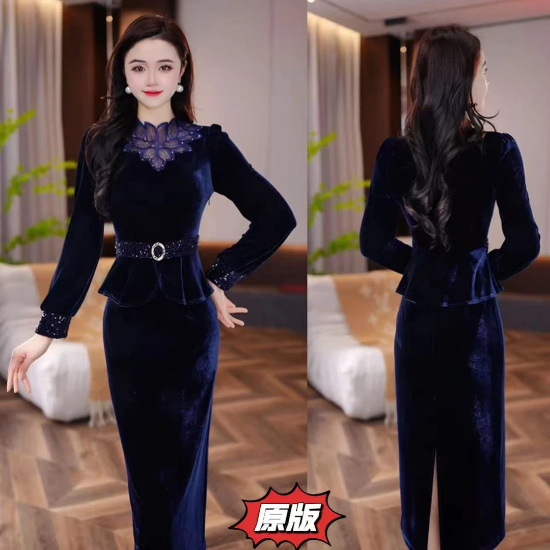 【靛花听语】高档丝绒时尚连衣裙2025秋冬新款显瘦洋气减龄打底裙子