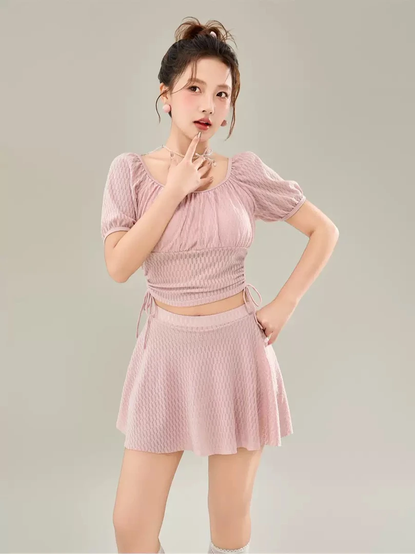 甜美可爱少女学生泳衣女分体平角裙式带袖泡温泉保守显瘦遮肚泳装