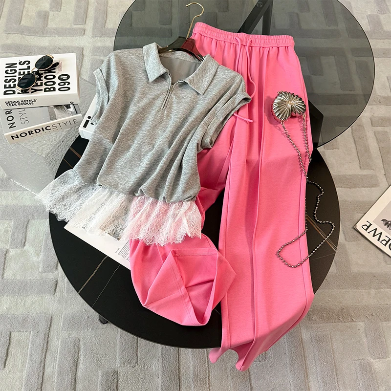 慵懒风时尚洋气套装女夏季新款蕾丝拼接短袖上衣阔腿裤两件套显瘦