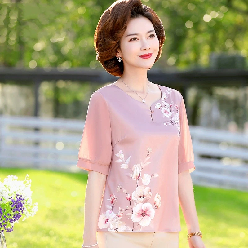 中老年女装雪纺短袖中年妈妈装夏装洋气减龄上衣中袖套装大码宽松
