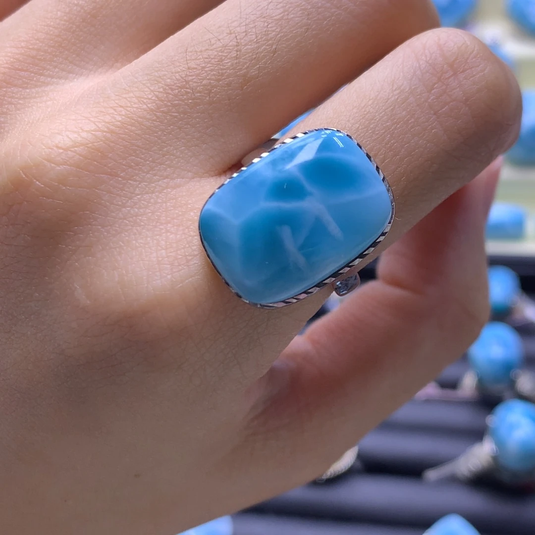 针钠钙石（海纹石）银S925镶嵌戒指方戒指色差略异