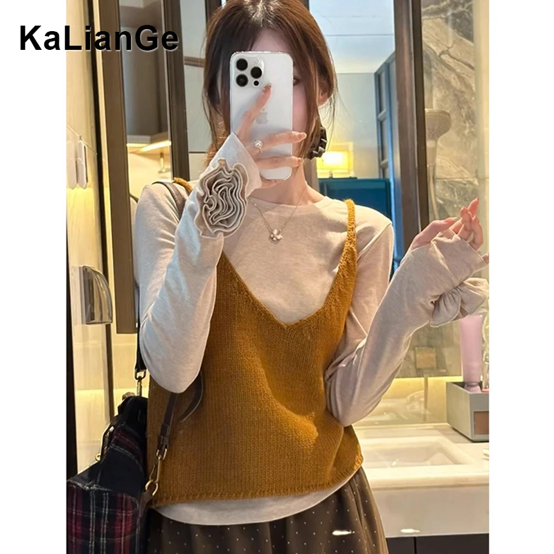 卡莲格/v领文艺淑女叠穿两件套女初秋新款小香风设计显瘦长袖上衣
