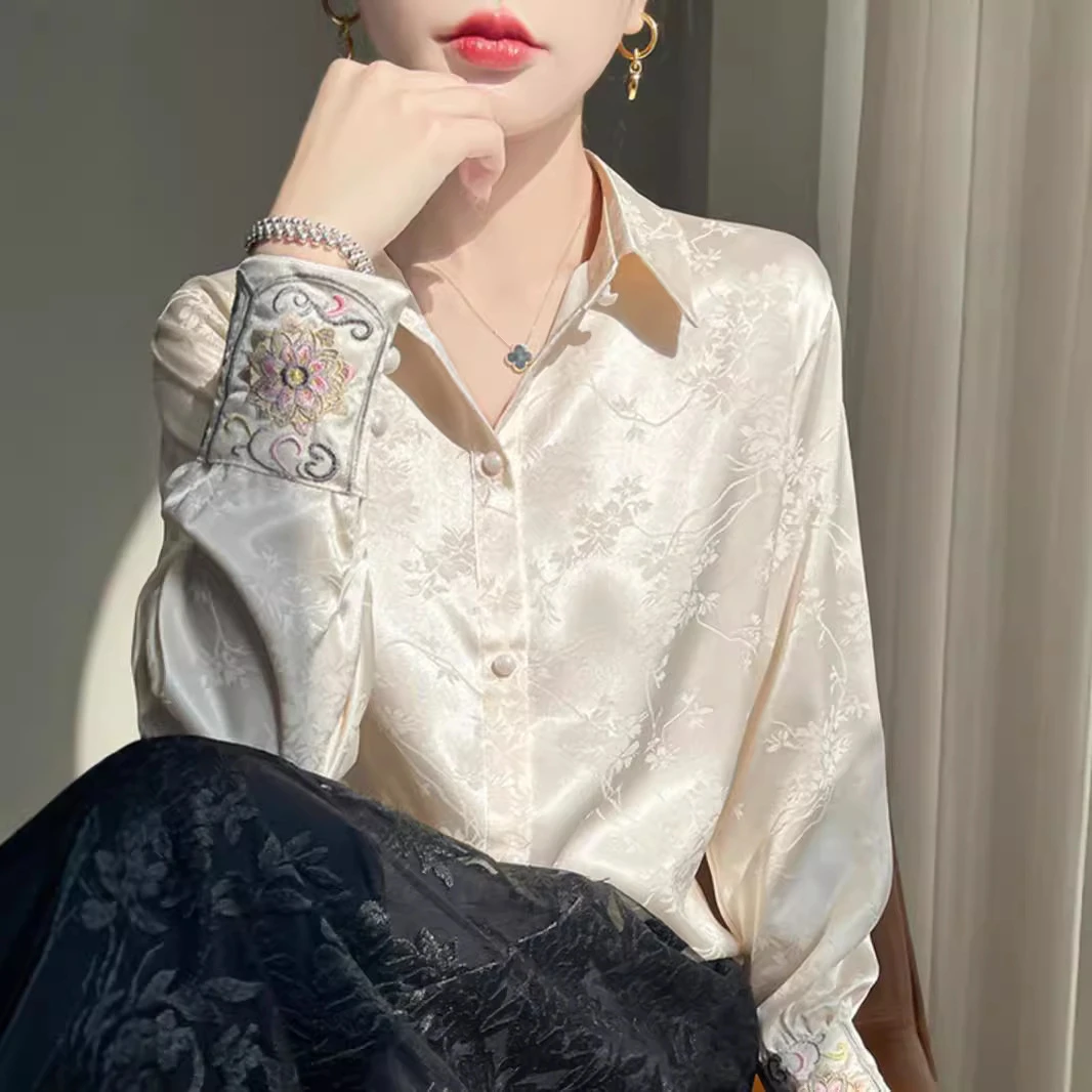 新中式醋酸缎面提花衬衫女2025新款复古国风唐装上衣设计长袖衬衣