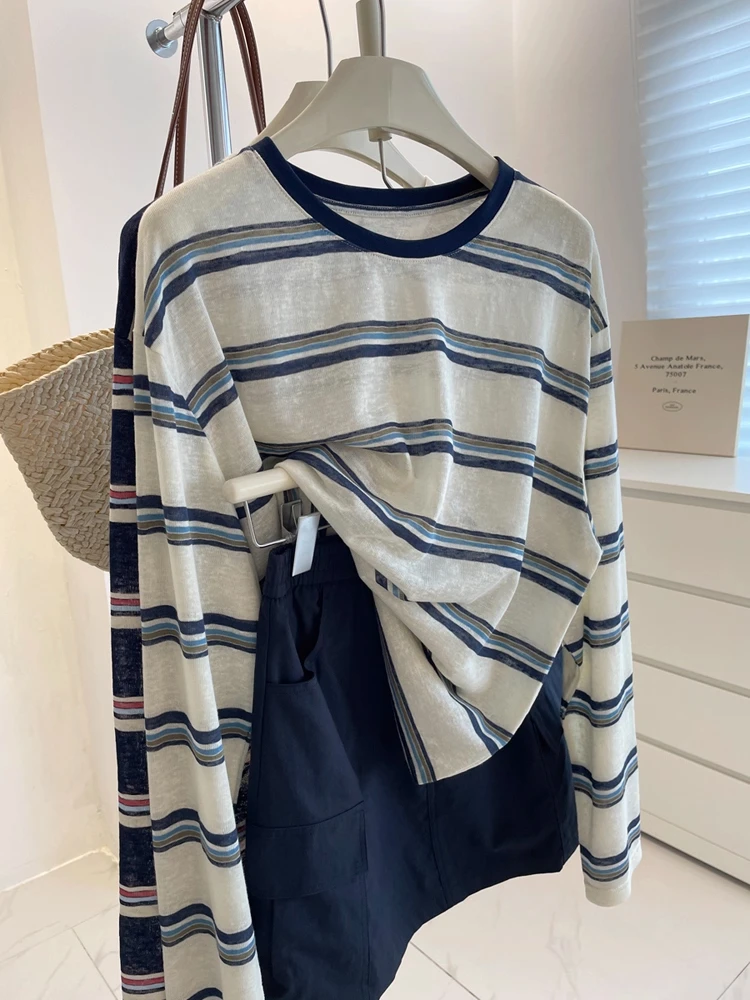 【有6-8的运费补贴】韩系条纹长袖防晒罩衫女宽松慵懒风薄款T恤上衣