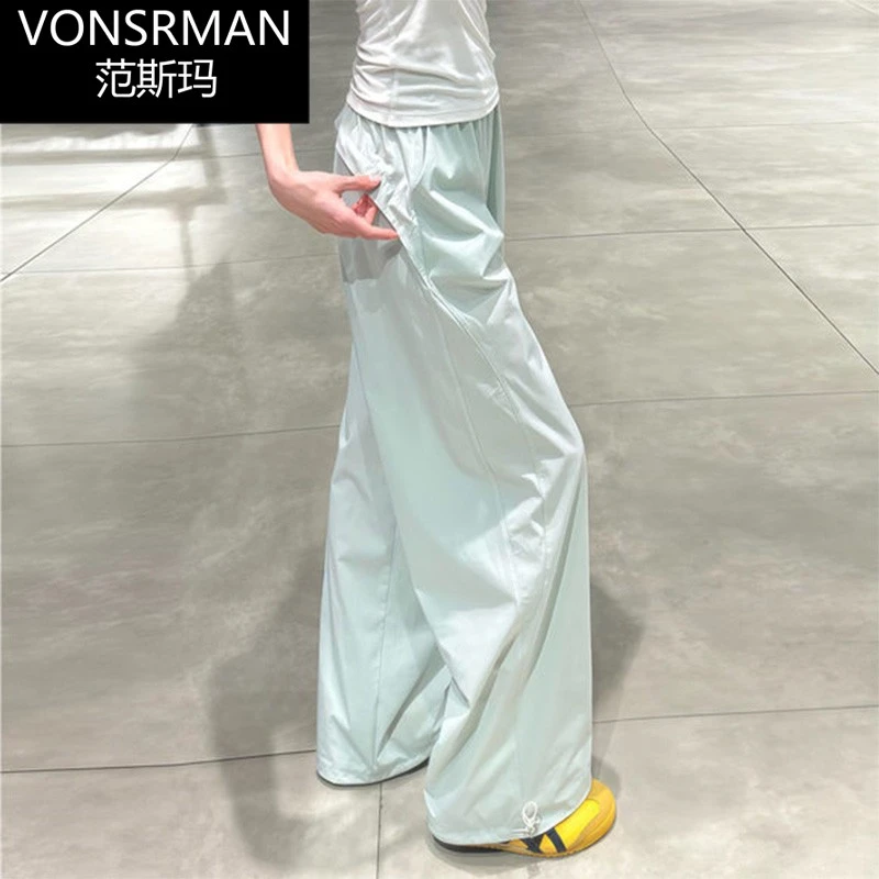 蓝色速干工装裤女夏季薄款2025新款宽松直筒休闲小个子阔腿运动裤