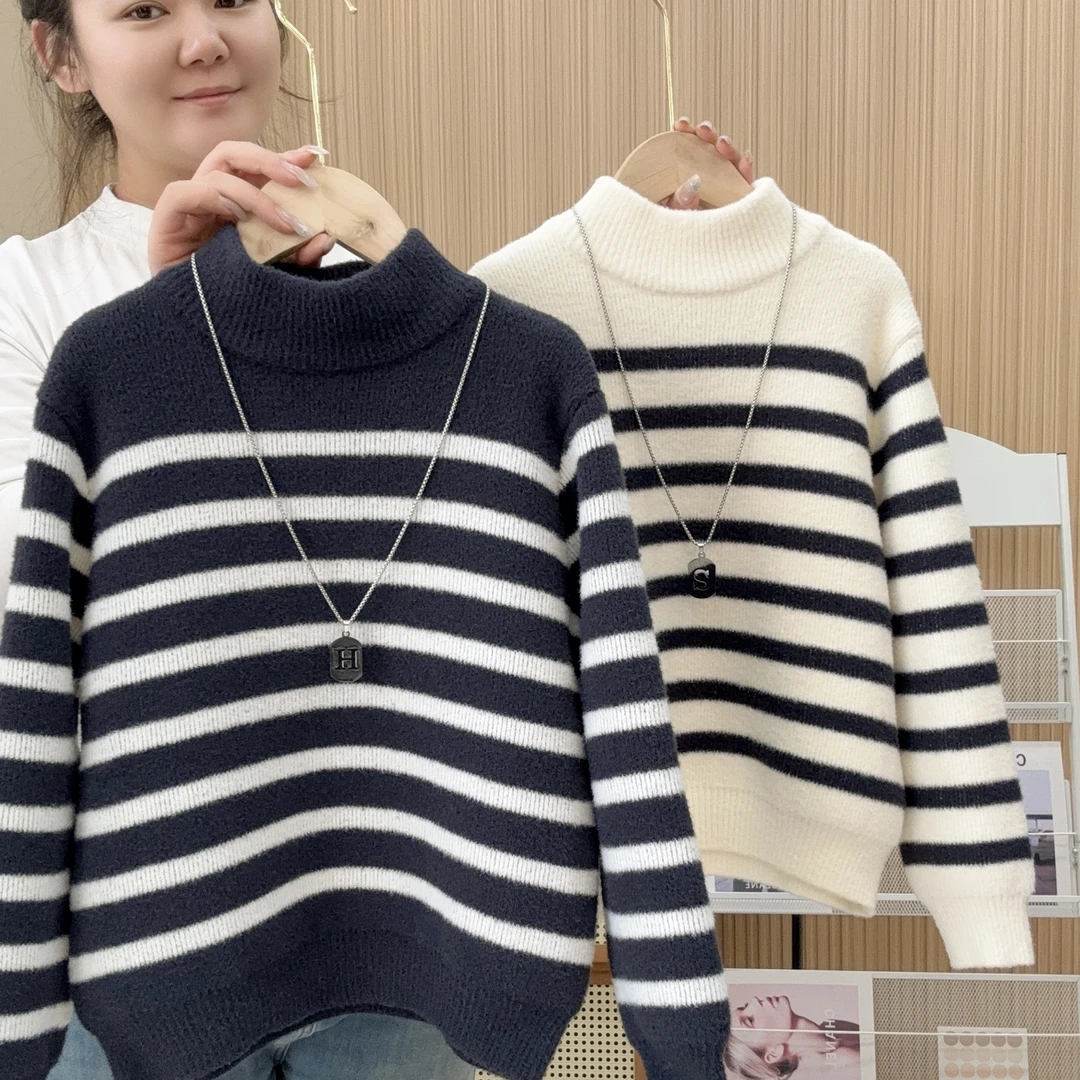 【加绒加厚】不起球一件过冬超厚中大童条纹毛衣时尚秋冬加绒打底衫