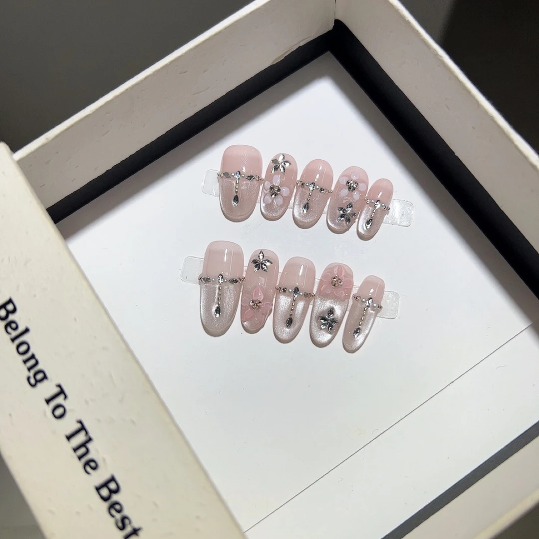 纯手工甜美纯欲风猫眼立体冰花满钻爆闪可拆卸穿戴甲