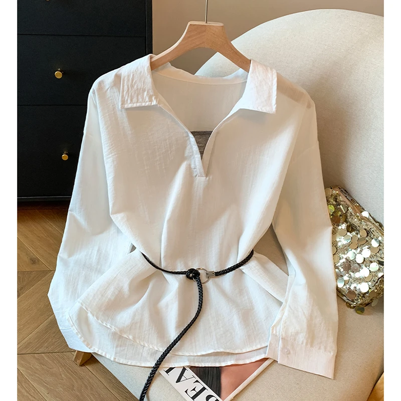 2025新款春秋季翻领拼接假两件长袖衬衫女士设计感别致薄款上衣服