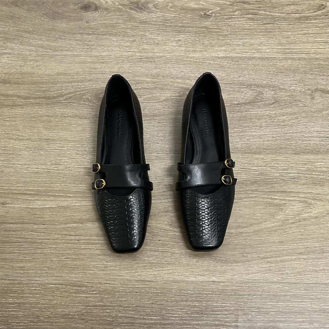 Dannyfrey头层牛皮小众设计感方头浅口双扣复古百搭通勤单鞋3.5cm