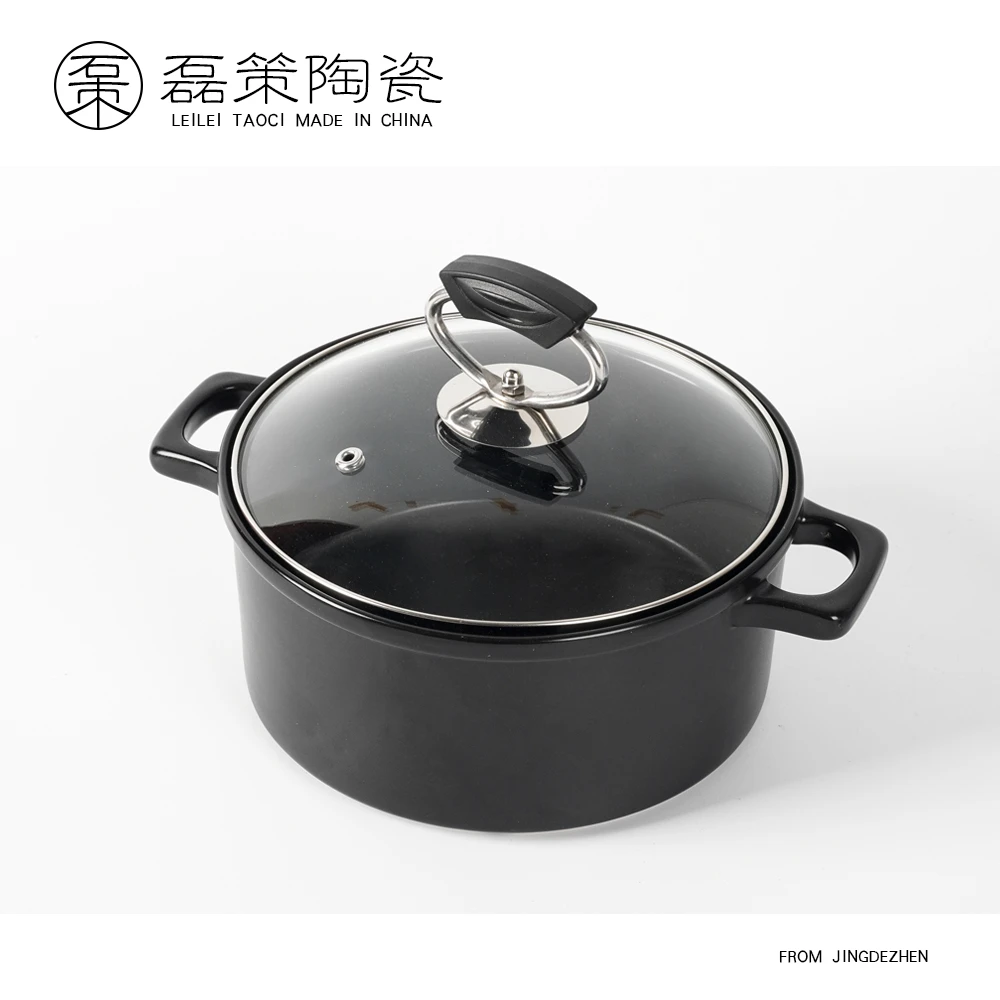 经典直身款2升黑色玻璃盖耐用可干烧砂锅 厨房煮面高温防裂熬汤款