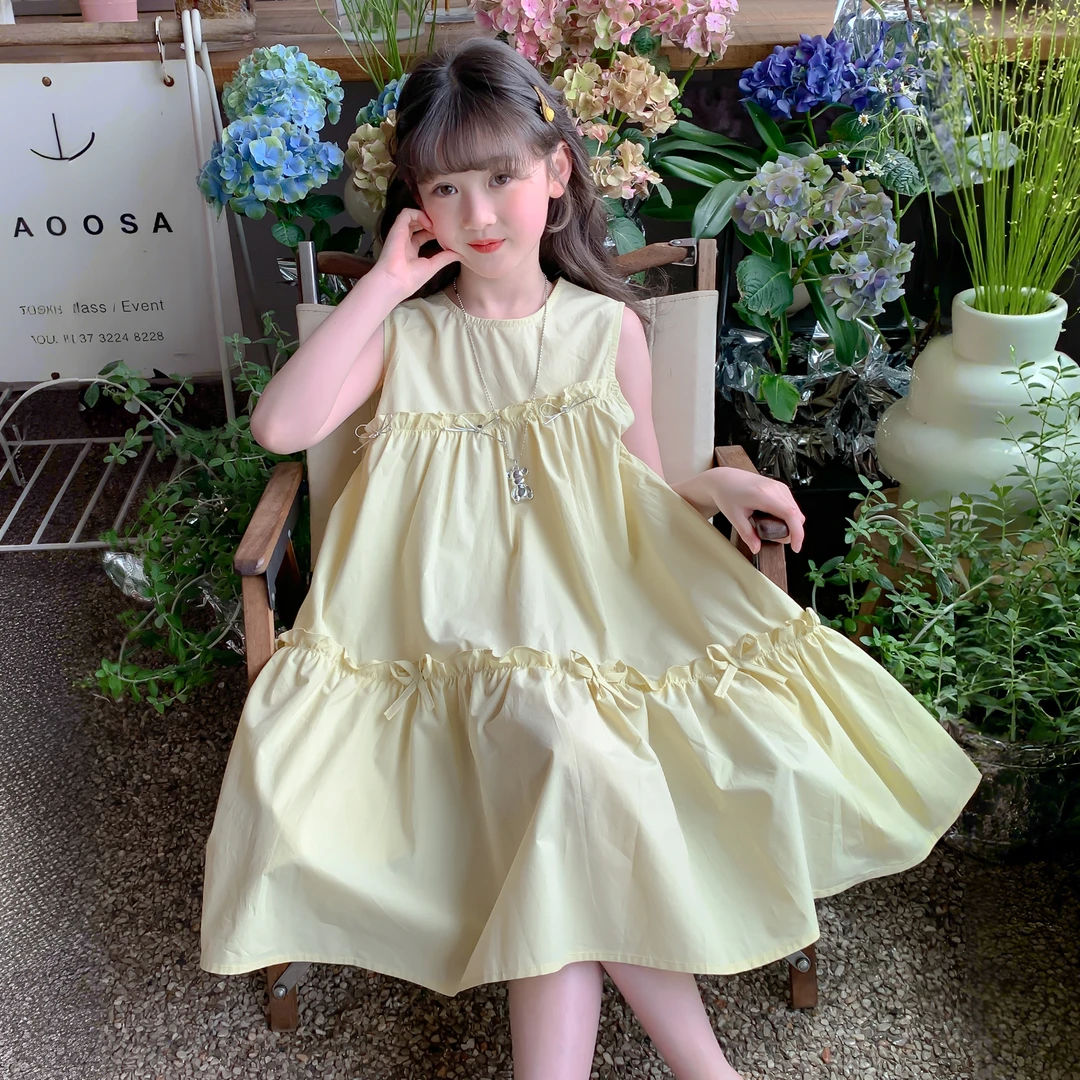 女童2025新款儿童纯色简约中大童无袖公主裙Q13445