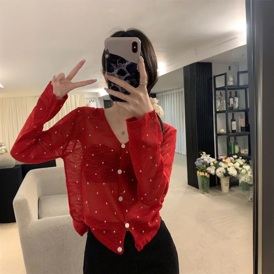 韩版微透薄款V领薄款罩衫长袖防晒T恤女夏季纽扣设计感200斤上衣