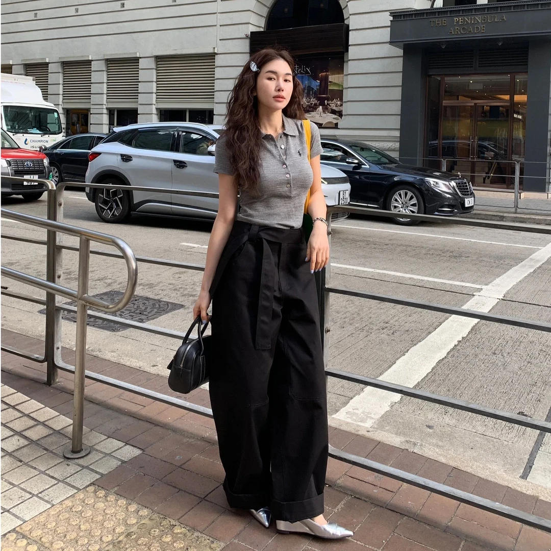 2025年新款韩版刺绣百搭Polo短袖T恤阔腿工装裤早春穿搭两件套