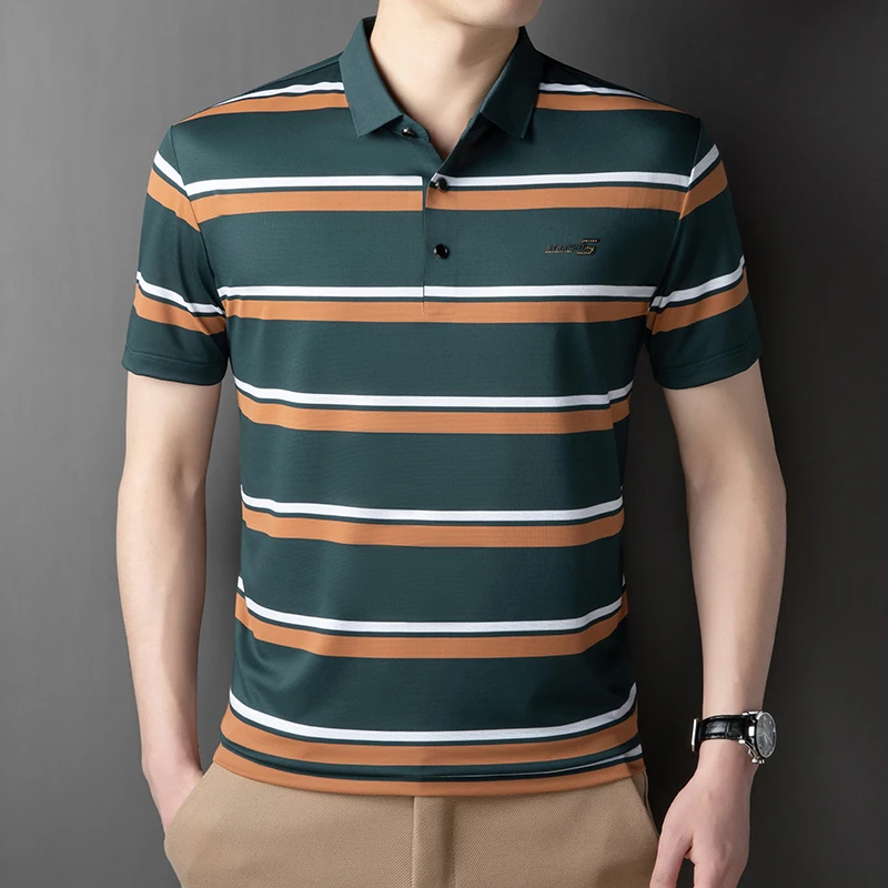 短袖条纹薄款宽松夏季纯色Polo衫中青年男装翻领t恤半袖时尚