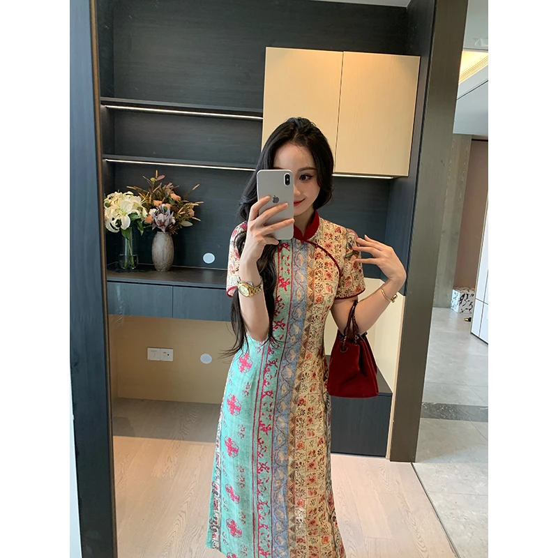 XINYI【兰亭花序】夏季民族风印花连衣裙收腰显瘦气质X625Q04425