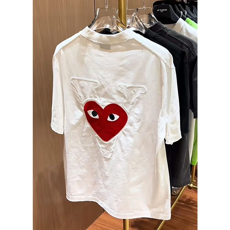 欧货轻奢高定大牌男装上衣2025夏季新款爱心刺绣宽松白色短袖体恤