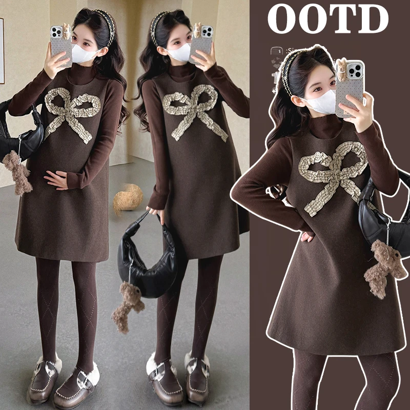 孕妇韩系蝴蝶结装饰背心呢料无袖连衣裙套装中长款韩版加厚针织