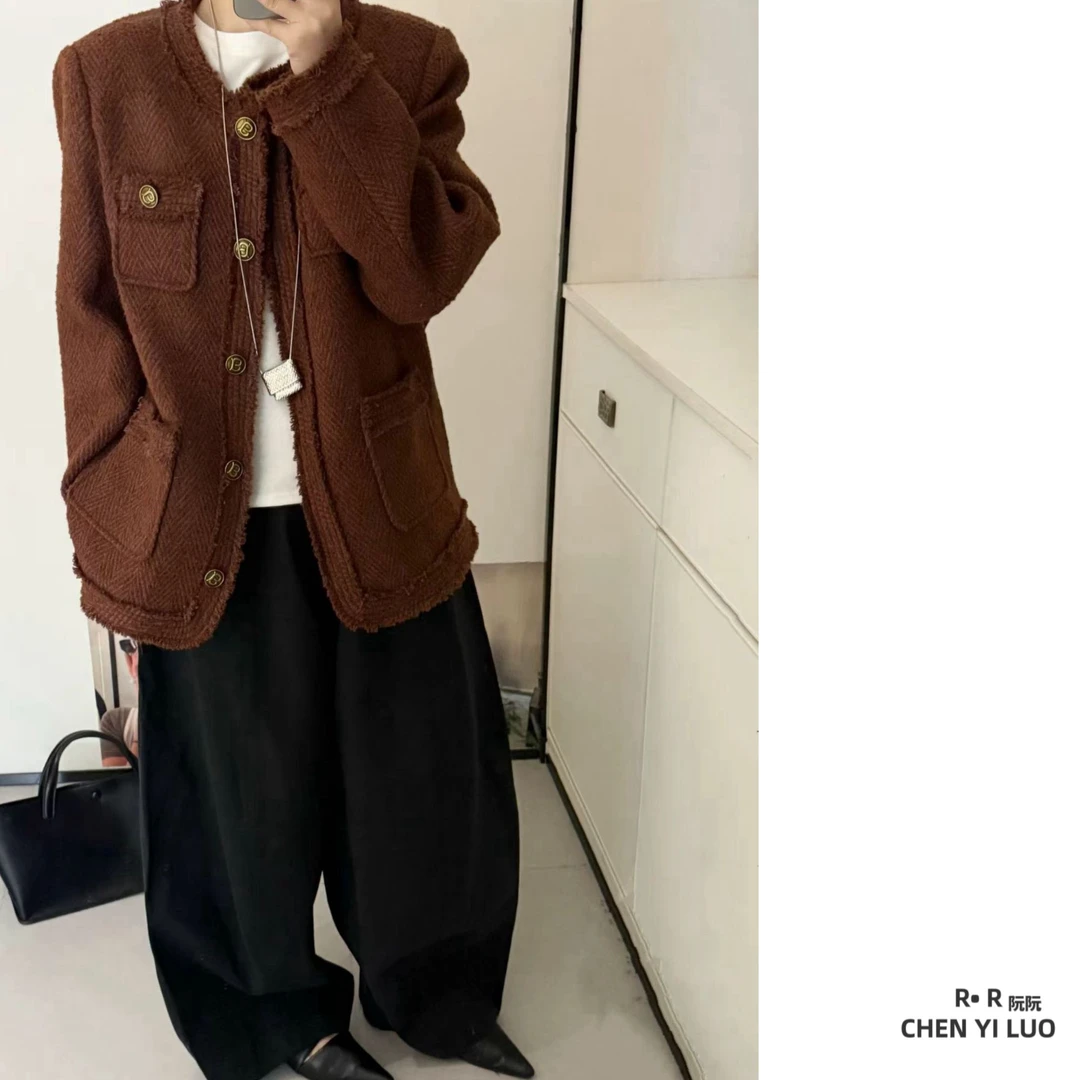 R R 秋冬 新品 短款时尚 宽松百搭小香风粗花呢外套