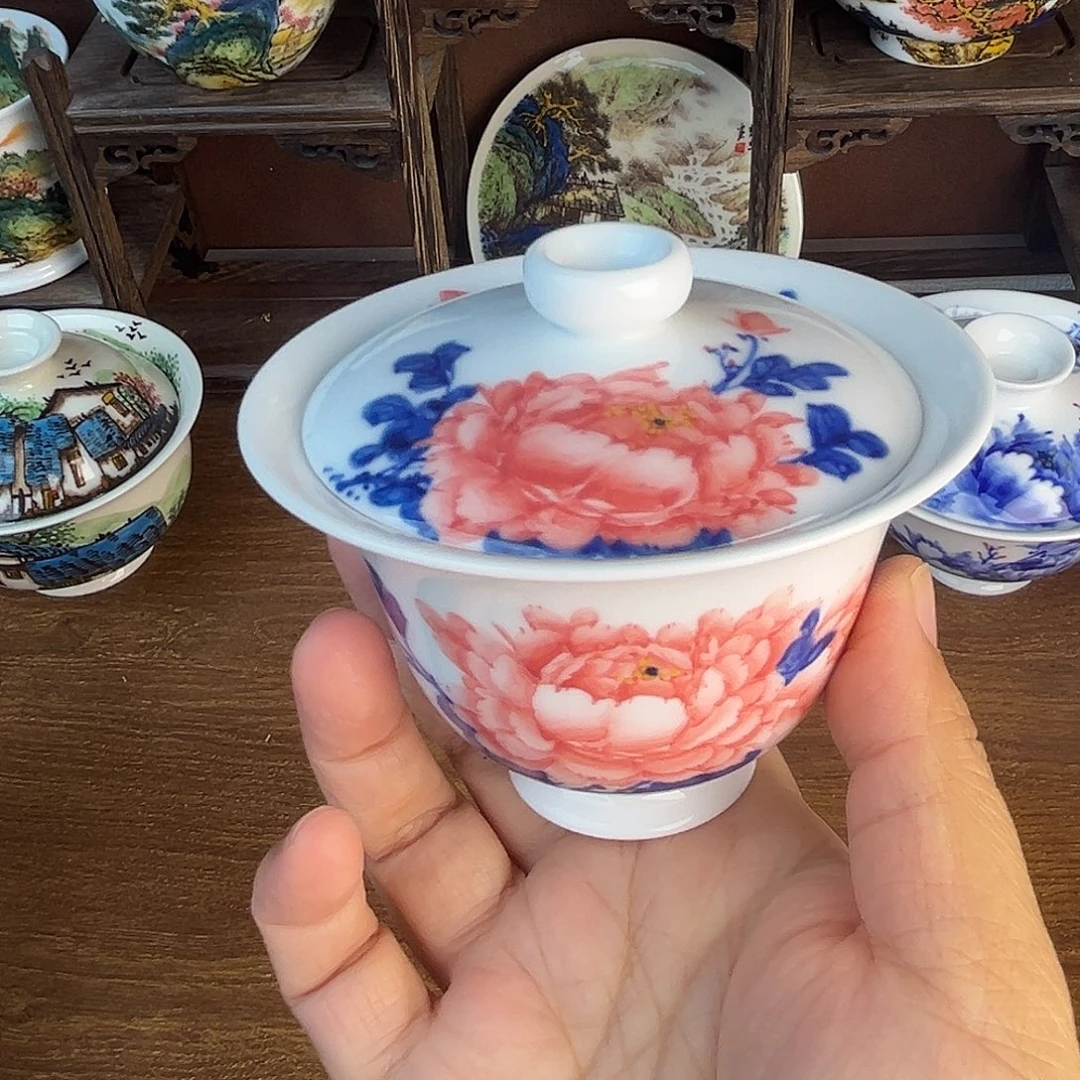 忠意堂釉下彩红牡丹盖碗微瑕不退