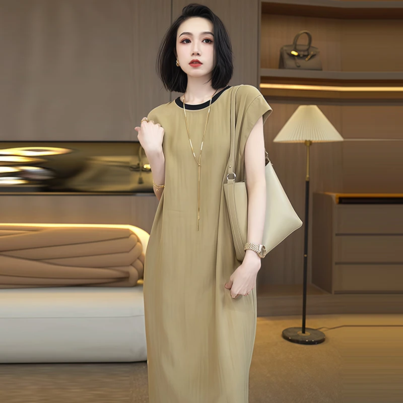欧货时髦简约撞色圆领短袖连衣裙女2025年夏季新款宽松遮肉中长裙