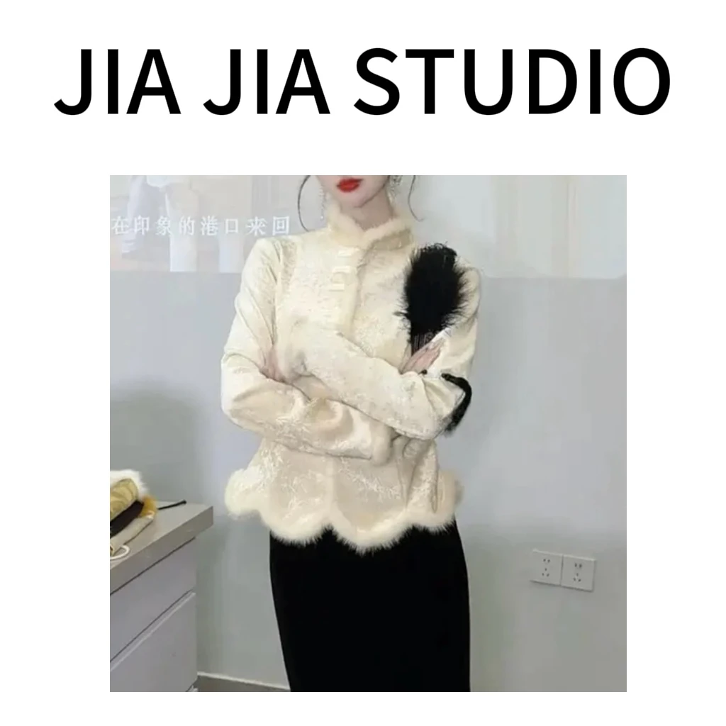 嘉嘉推荐#921【秋冬加绒加厚款】新中式国风一排扣丝绒上衣