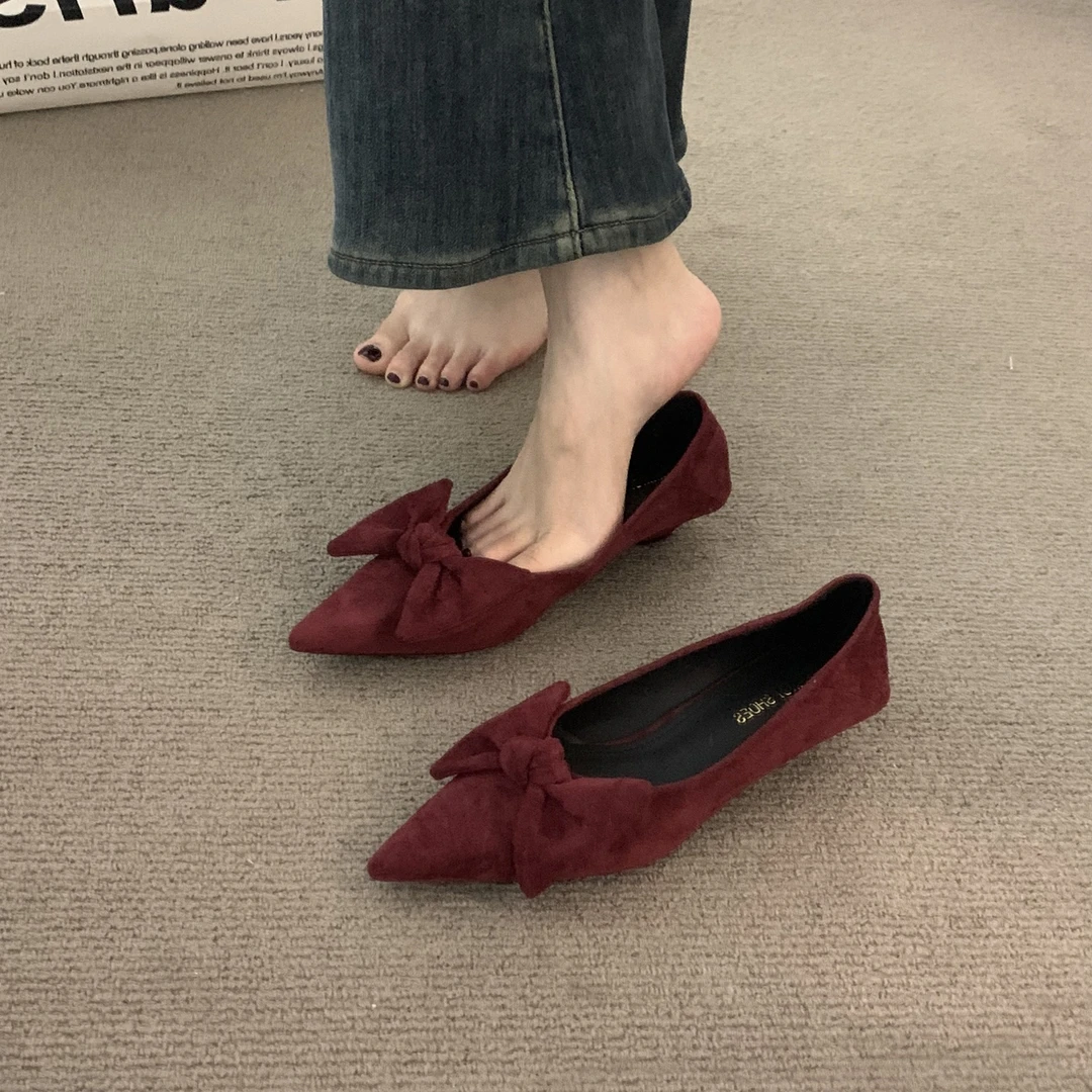 【坡跟3cm】法式尖头小众红色单鞋女鞋子秋配裙子蝴蝶结绒面奶奶鞋