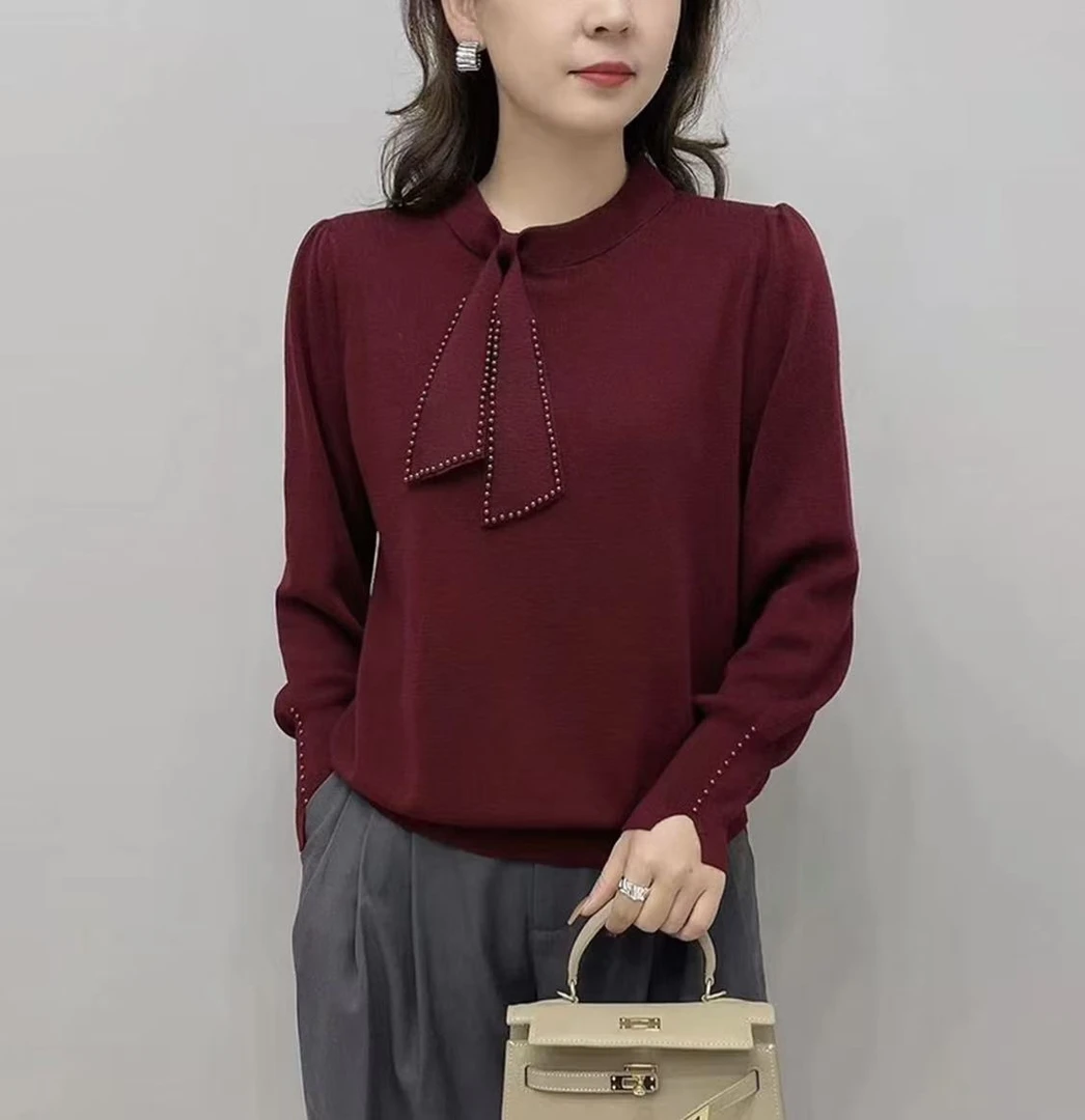【小猪】2025秋冬新款时尚纯色飘带领针织衫女长袖宽松百搭羊毛上衣