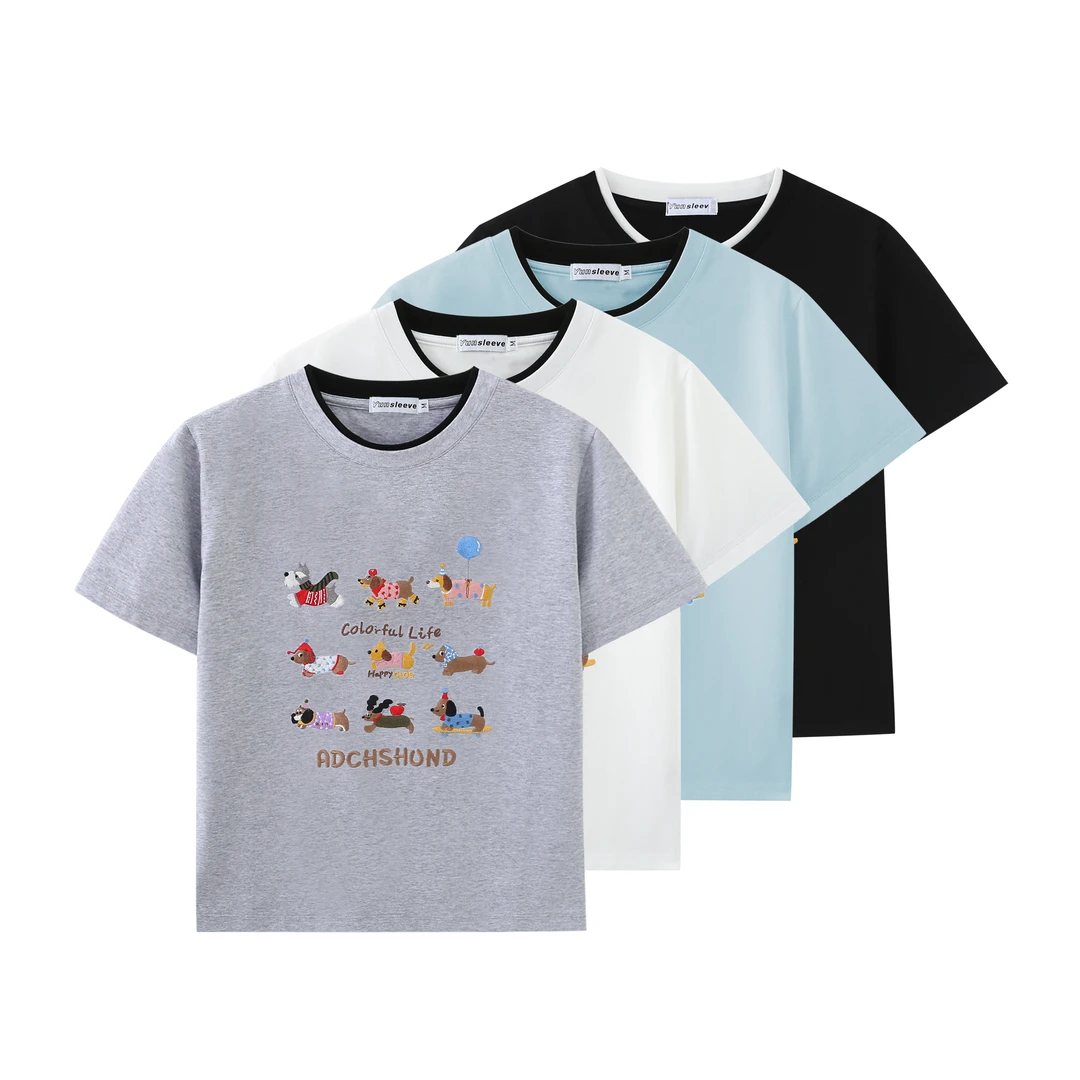 夏季新款刺绣满印小狗短袖上衣男女同款韩版休闲T恤圆领夏X2562