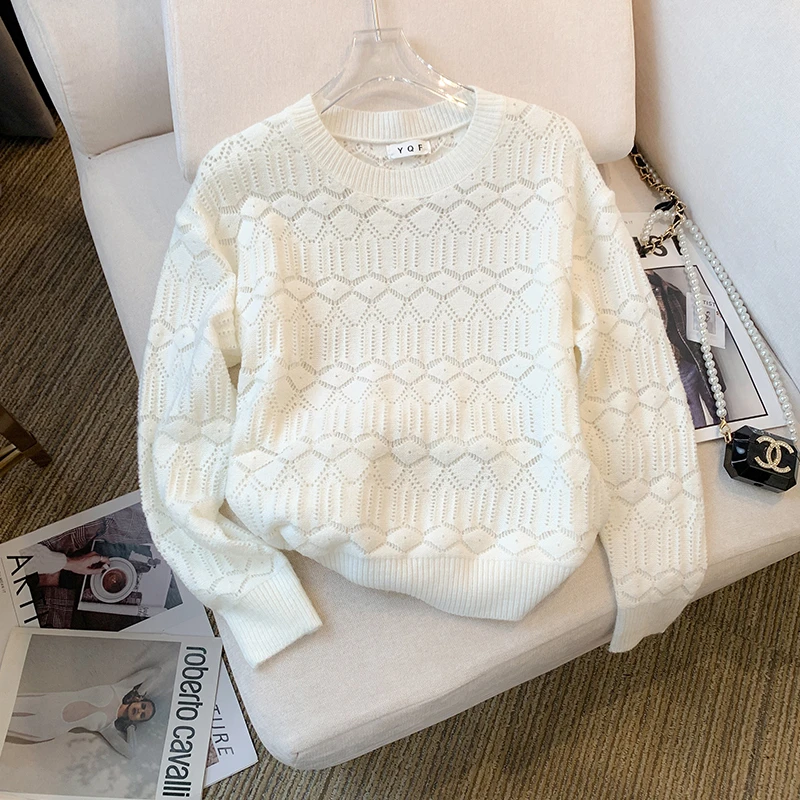 秋装新款设计感慵懒风宽松圆领白色针织衫毛衣女