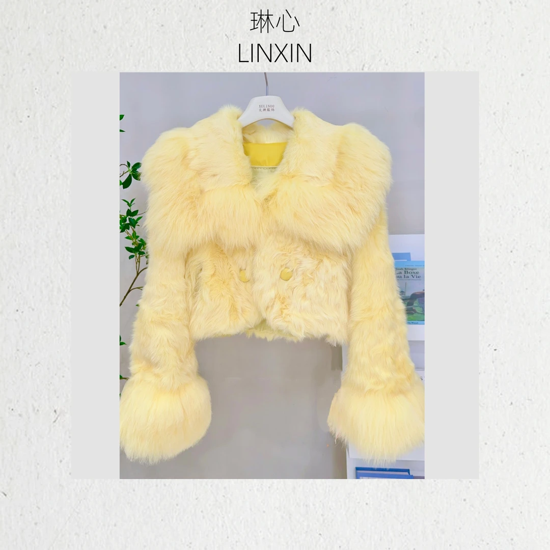 2024新款女装时尚轻奢鹅黄时尚大翻领毛绒外套 1069