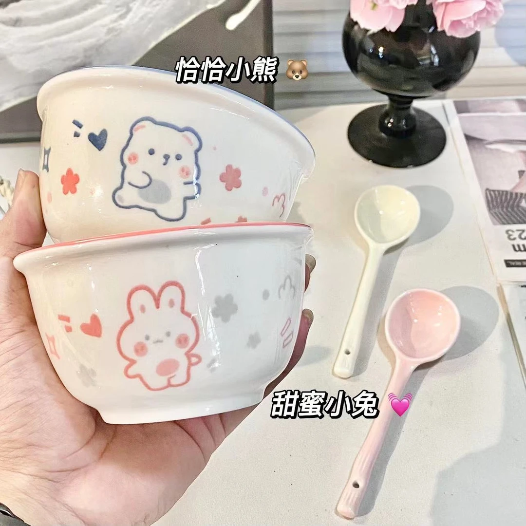新款饭碗卡通家用陶瓷餐具可爱高颜值情侣款网红单人碗勺整套ins