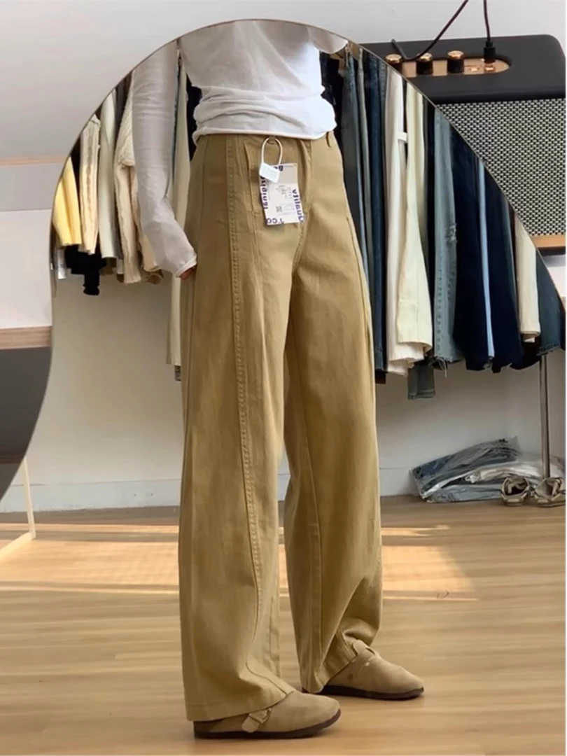 新款卡其色拖地裤弯刀裤阔腿裤牛仔裤