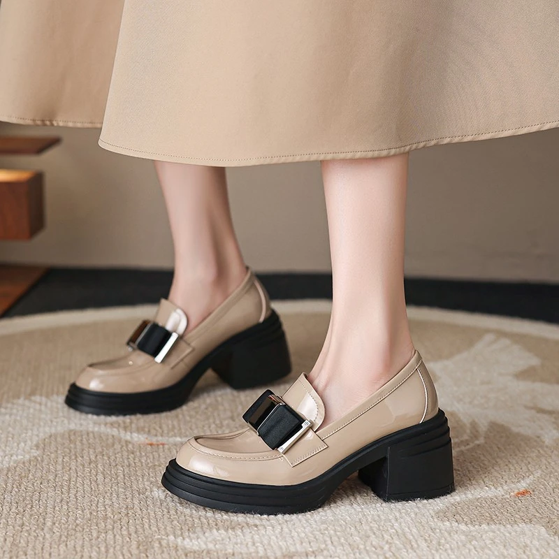气质减龄~复古高跟乐福鞋女春厚底增高单鞋一脚蹬小皮鞋HCY5783