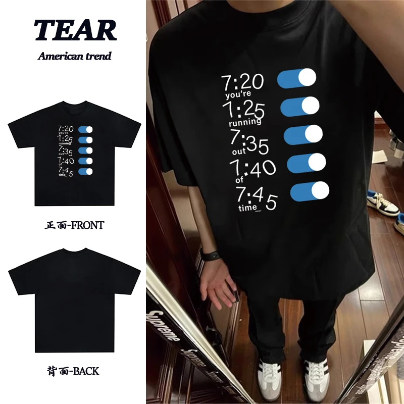 美式重磅纯棉闹钟时间印花潮流宽松休闲百搭夏季短袖T恤男女同款
