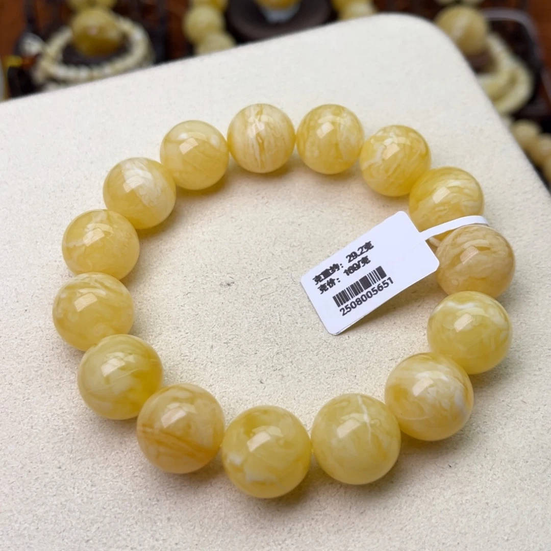 手链蜜蜡未镶嵌15圆珠浓白花蜡虎皮纹