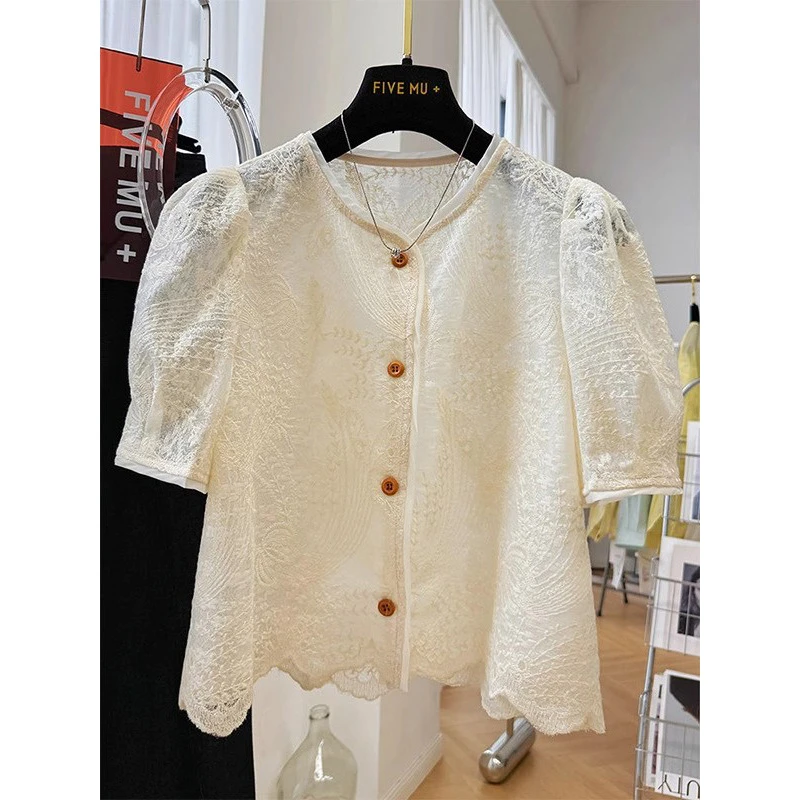 胖MM特大码300斤泡泡短袖蕾丝衫女夏季宽松薄款气质法式短款小衫