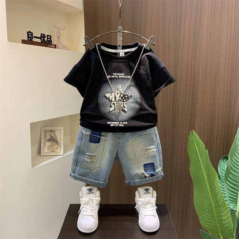 牛仔男童夏装套装男孩夏天洋气短袖衣服2024新款宝宝夏季两件套潮