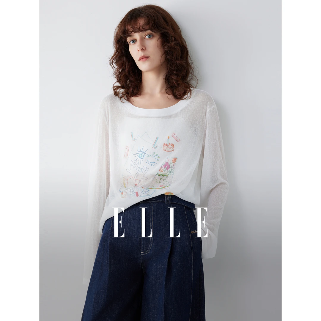 【黄蓉专属】ELLE印花薄款针织T恤25秋款设计慵懒通勤罩衫ET51933
