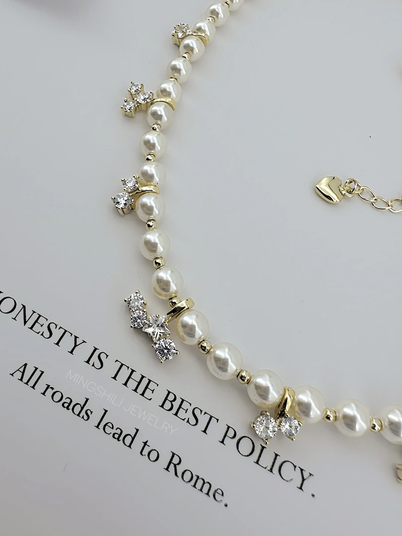 合金项链 巴黎掠影·法式淡水贝珠不规则点钻项链轻奢百搭复古