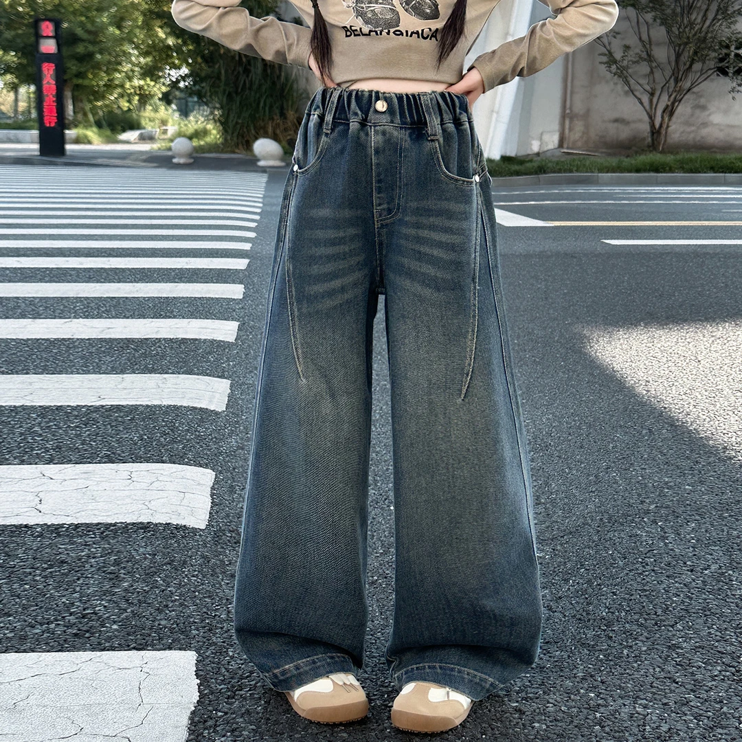 【嘻嘻柚】女童春秋款袋盖牛仔阔腿裤2025新款韩版休闲松紧腰直筒裤