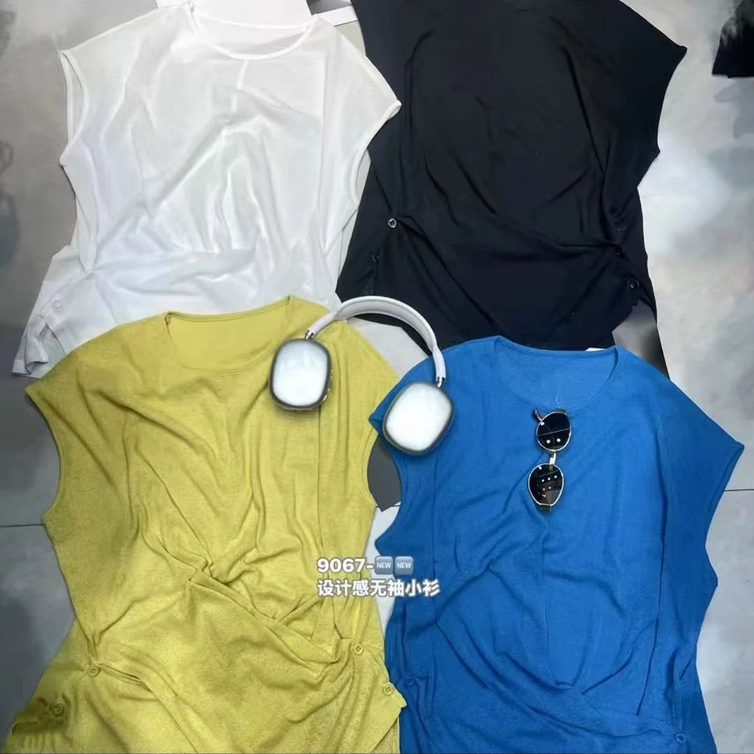 夏季欧货设计感无袖净版纯色T恤宽松半袖显瘦小衫