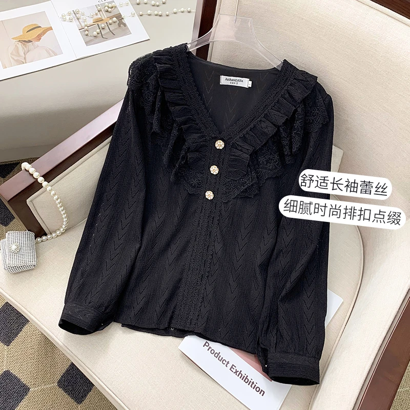 胖mm法式小众蕾丝花边V领衬衫2025大码女装时尚减龄显瘦百搭上衣