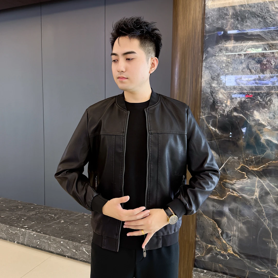 男士秋款黑色净版圆领皮夹克简约大气休闲时尚修身百搭帅气潮流