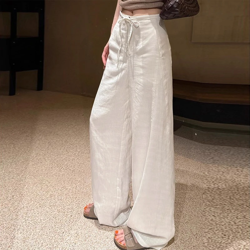 白色亚麻窄版阔腿裤女25夏季新薄款高腰显瘦宽松百搭直筒拖地长裤