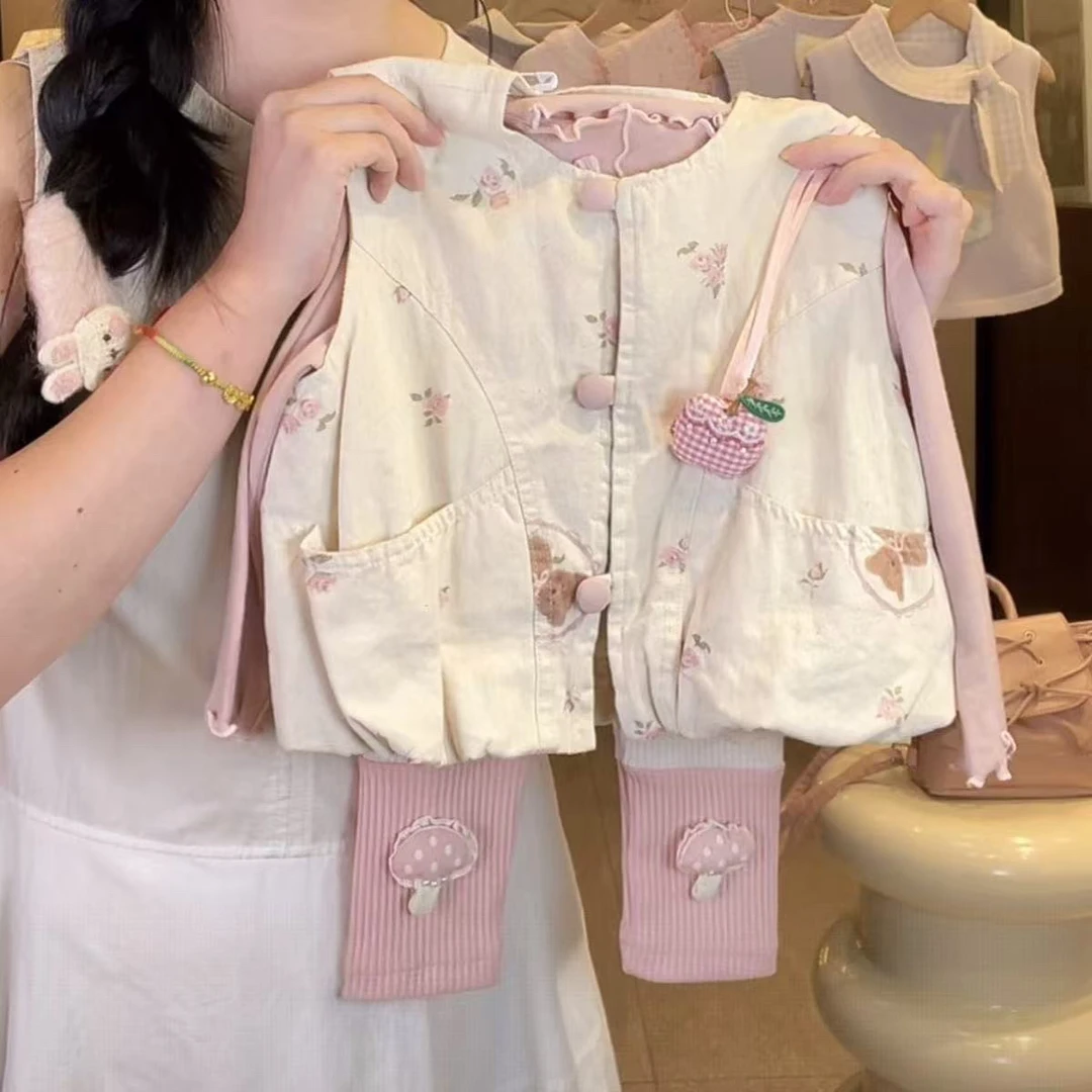 韩系女童秋季新款甜美可爱小熊马甲粉色打底衫米杏色蘑菇打底裤潮