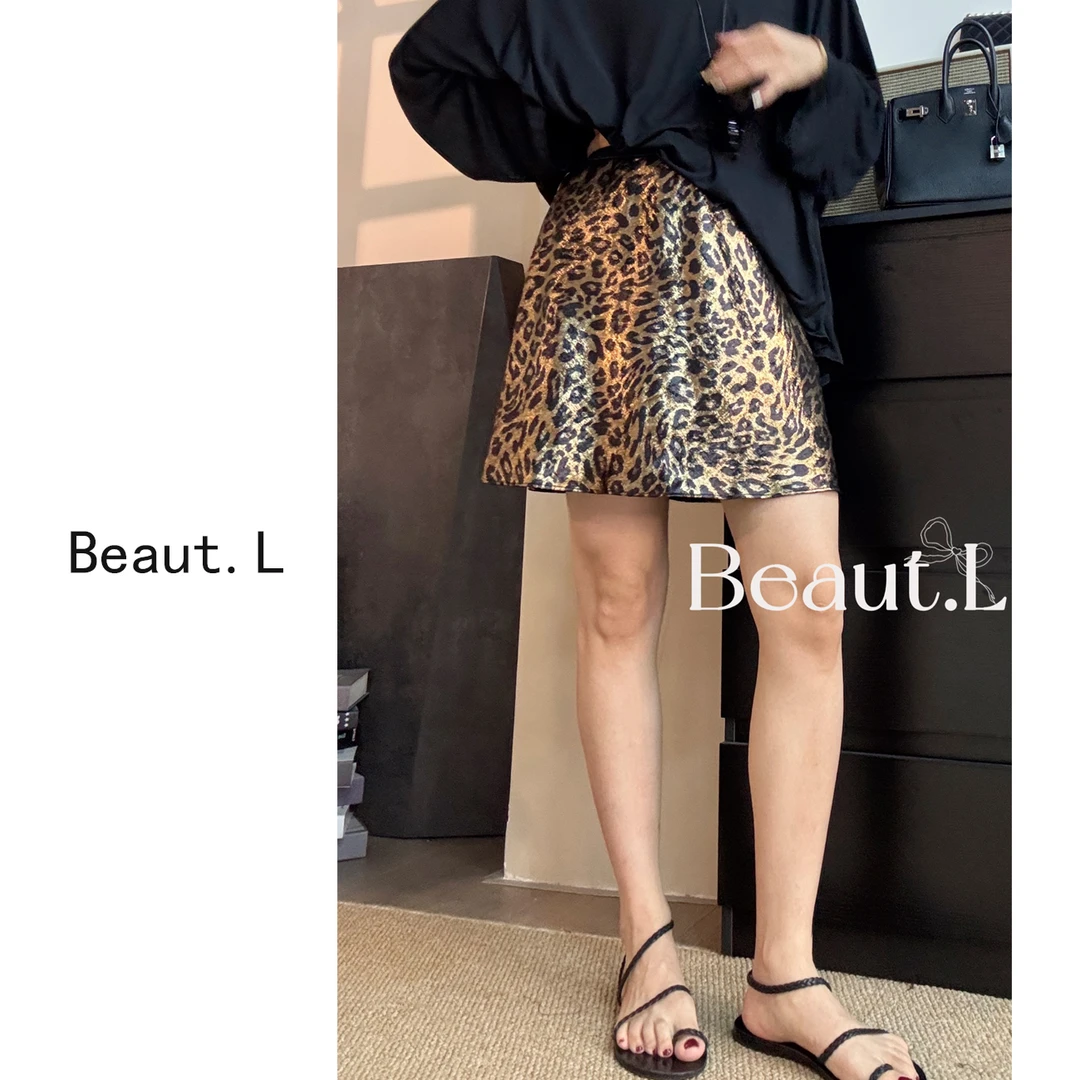 【Beaut.L】抗皱烫金 气质复古 贵气感豹纹短裙百搭时尚设计感A字